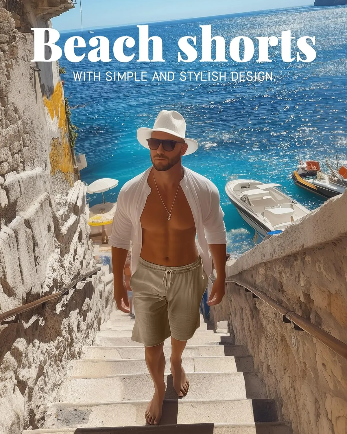 Ficerd 2 Pack Men's Linen Shorts Casual Cotton 7 Inch Inseam Drawstring Elastic Waist Summer Beach Shorts with Pockets