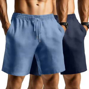 Ficerd 2 Pack Men's Linen Shorts Casual Cotton 7 Inch Inseam Drawstring Elastic Waist Summer Beach Shorts with Pockets