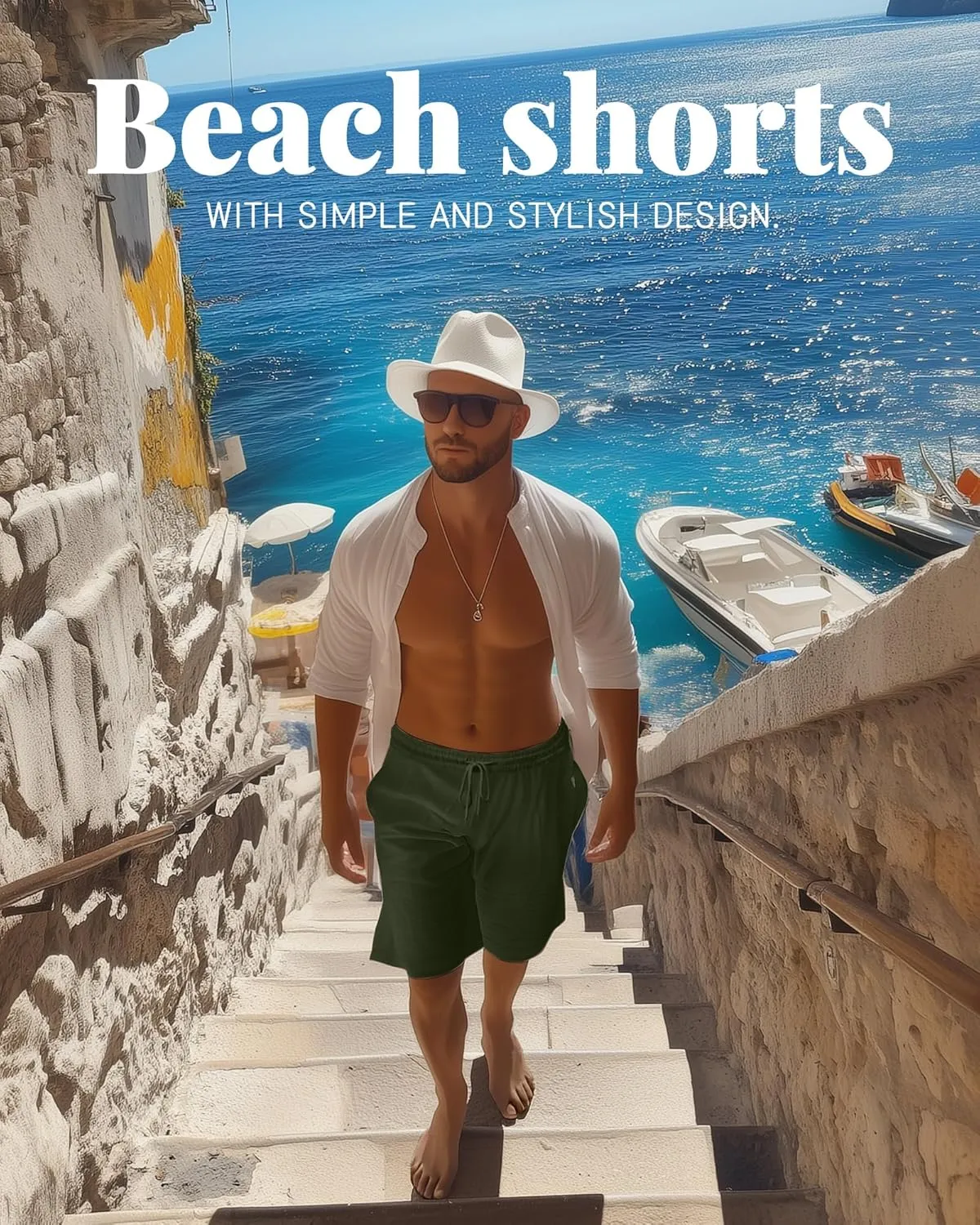 Ficerd 2 Pack Men's Linen Shorts Casual Cotton 7 Inch Inseam Drawstring Elastic Waist Summer Beach Shorts with Pockets