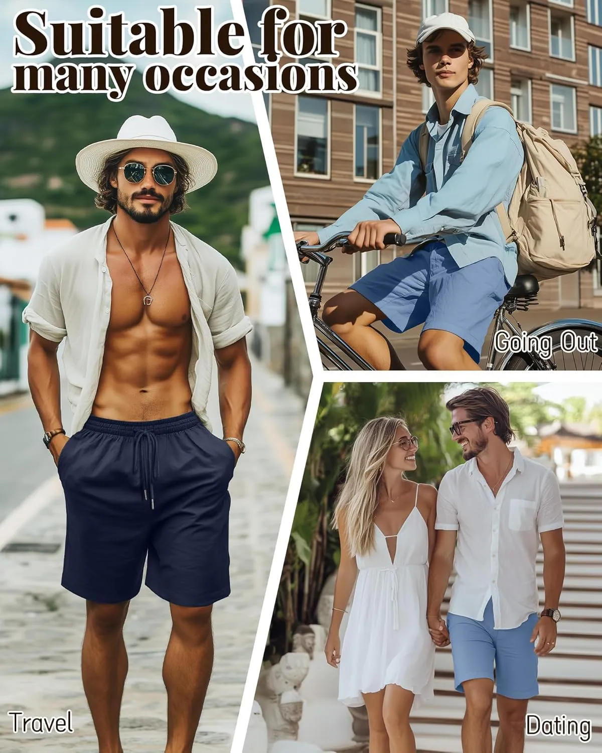 Ficerd 2 Pack Men's Linen Shorts Casual Cotton 7 Inch Inseam Drawstring Elastic Waist Summer Beach Shorts with Pockets