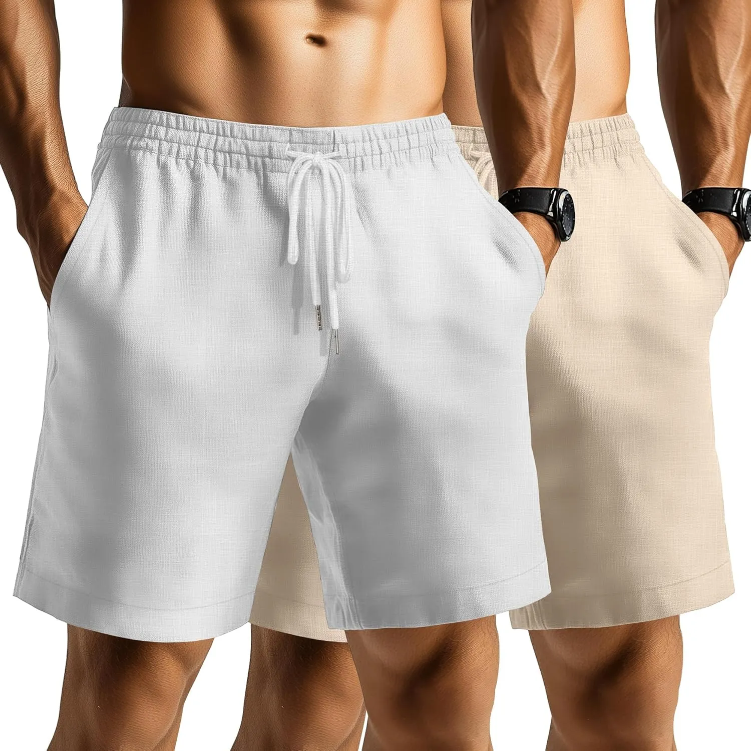 Ficerd 2 Pack Men's Linen Shorts Casual Cotton 7 Inch Inseam Drawstring Elastic Waist Summer Beach Shorts with Pockets