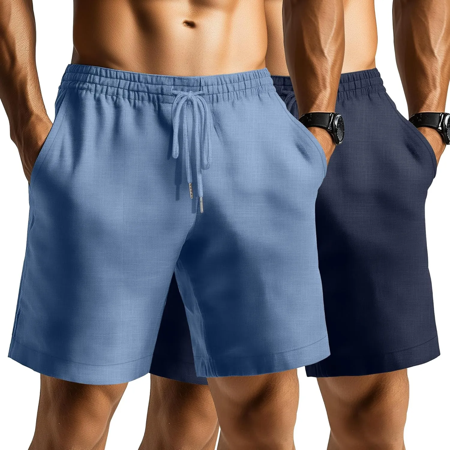 Ficerd 2 Pack Men's Linen Shorts Casual Cotton 7 Inch Inseam Drawstring Elastic Waist Summer Beach Shorts with Pockets