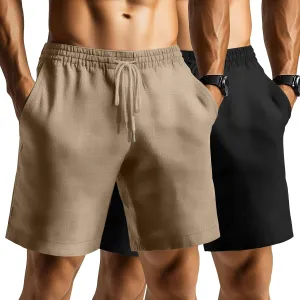 Ficerd 2 Pack Men's Linen Shorts Casual Cotton 7 Inch Inseam Drawstring Elastic Waist Summer Beach Shorts with Pockets