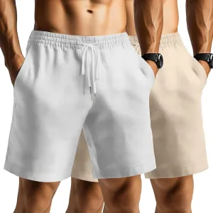 Ficerd 2 Pack Men's Linen Shorts Casual Cotton 7 Inch Inseam Drawstring Elastic Waist Summer Beach Shorts with Pockets