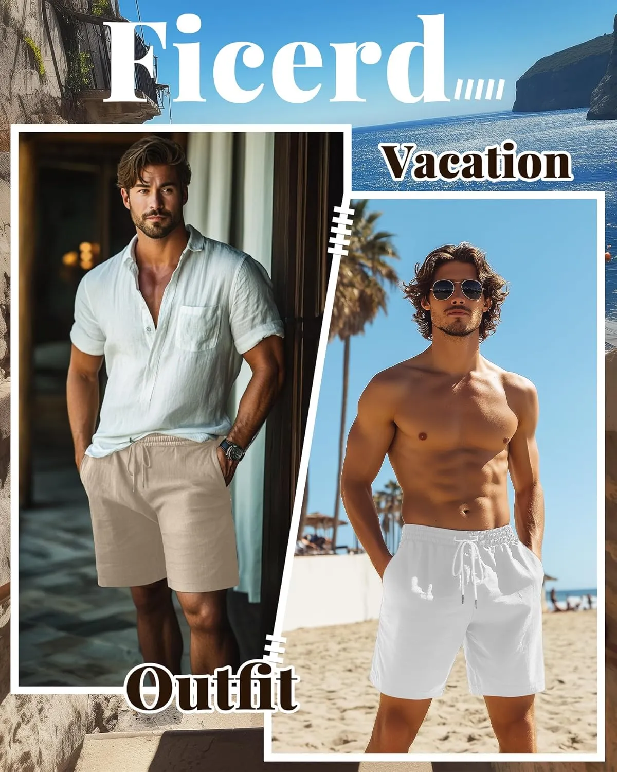 Ficerd 2 Pack Men's Linen Shorts Casual Cotton 7 Inch Inseam Drawstring Elastic Waist Summer Beach Shorts with Pockets
