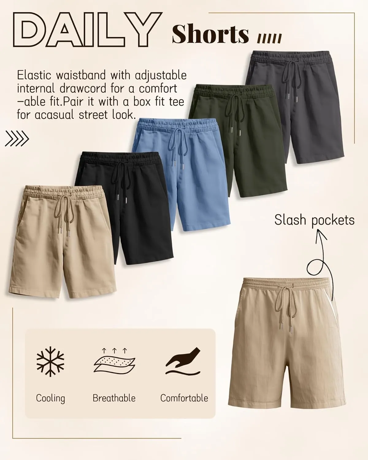 Ficerd 2 Pack Men's Linen Shorts Casual Cotton 7 Inch Inseam Drawstring Elastic Waist Summer Beach Shorts with Pockets