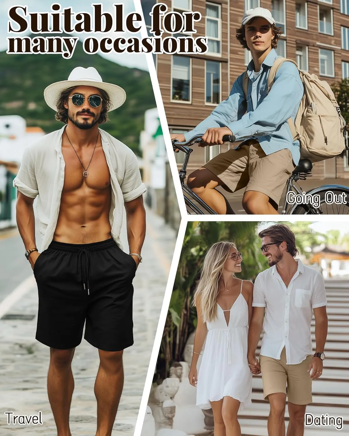 Ficerd 2 Pack Men's Linen Shorts Casual Cotton 7 Inch Inseam Drawstring Elastic Waist Summer Beach Shorts with Pockets