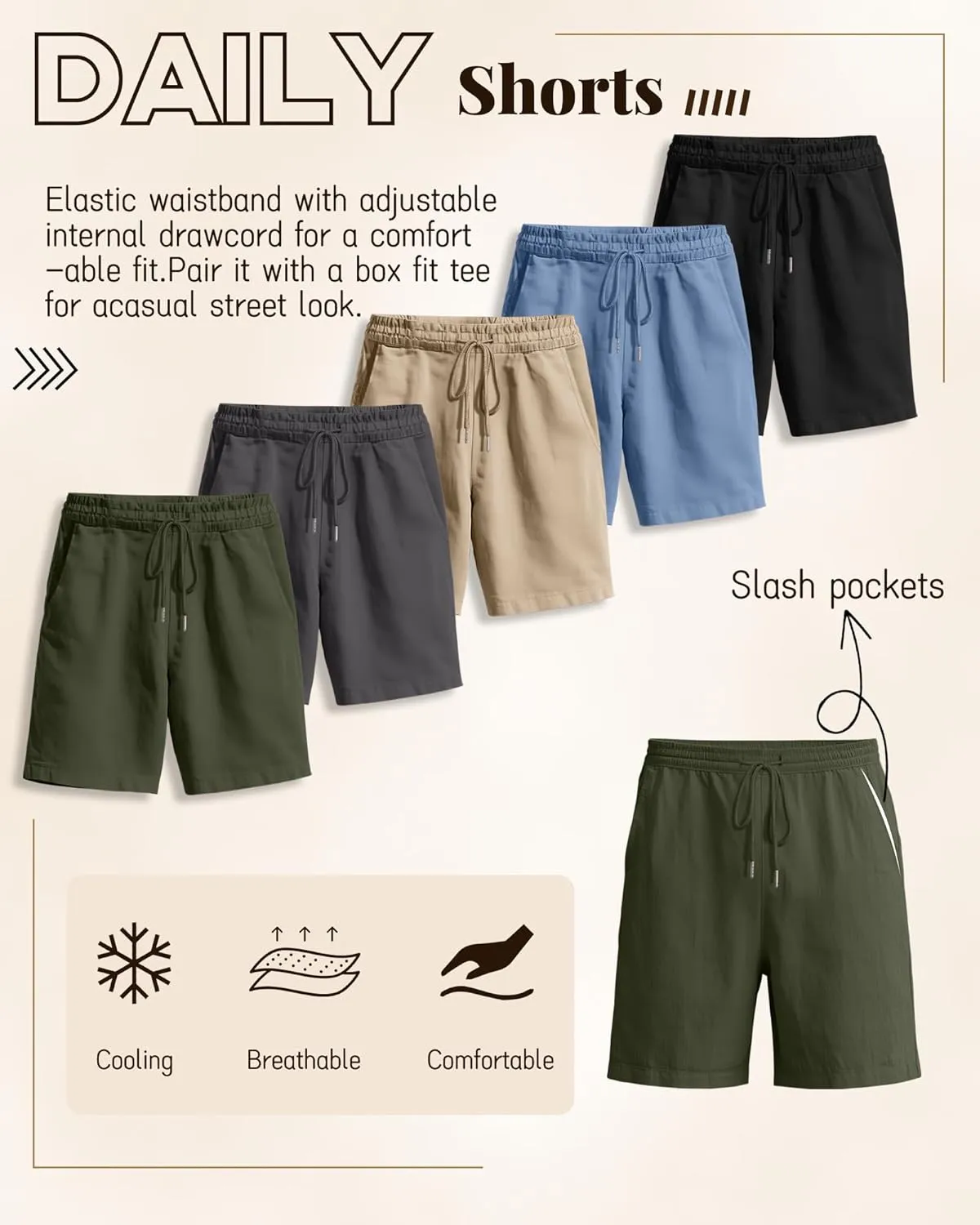 Ficerd 2 Pack Men's Linen Shorts Casual Cotton 7 Inch Inseam Drawstring Elastic Waist Summer Beach Shorts with Pockets