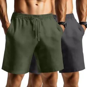Ficerd 2 Pack Men's Linen Shorts Casual Cotton 7 Inch Inseam Drawstring Elastic Waist Summer Beach Shorts with Pockets