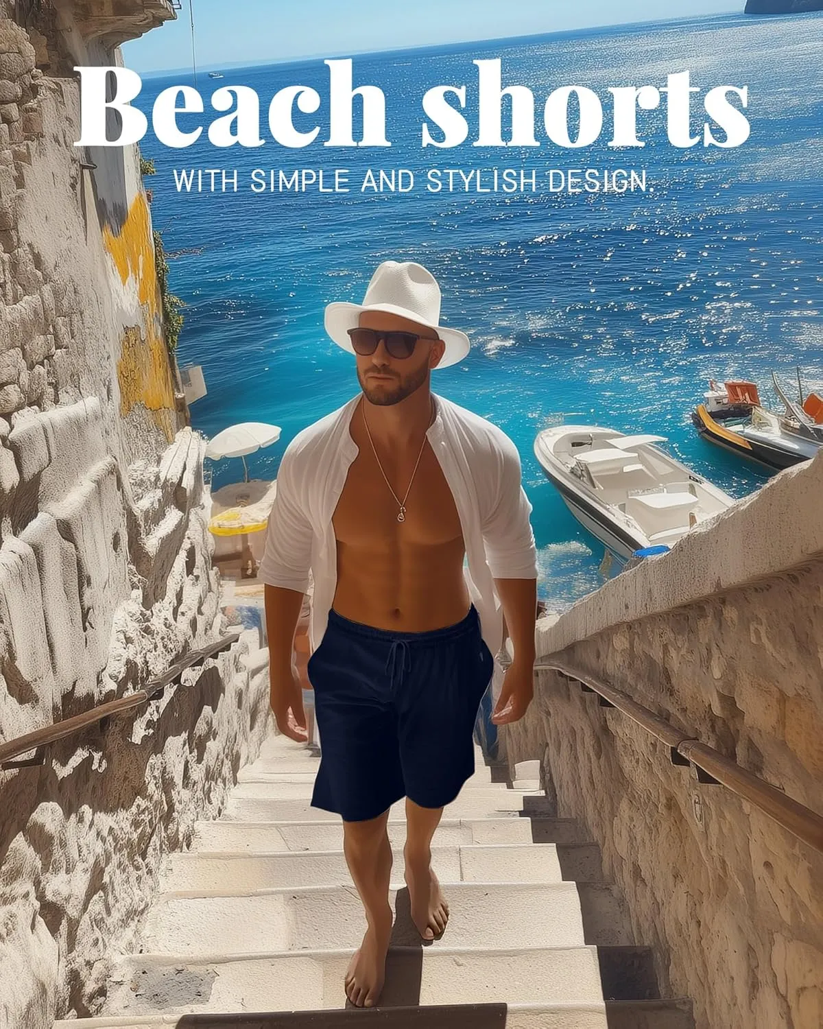 Ficerd 2 Pack Men's Linen Shorts Casual Cotton 7 Inch Inseam Drawstring Elastic Waist Summer Beach Shorts with Pockets