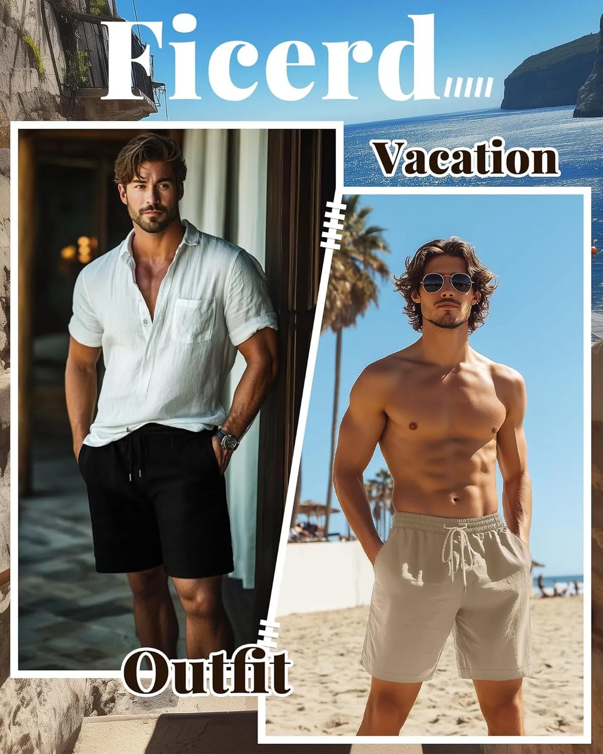 Ficerd 2 Pack Men's Linen Shorts Casual Cotton 7 Inch Inseam Drawstring Elastic Waist Summer Beach Shorts with Pockets