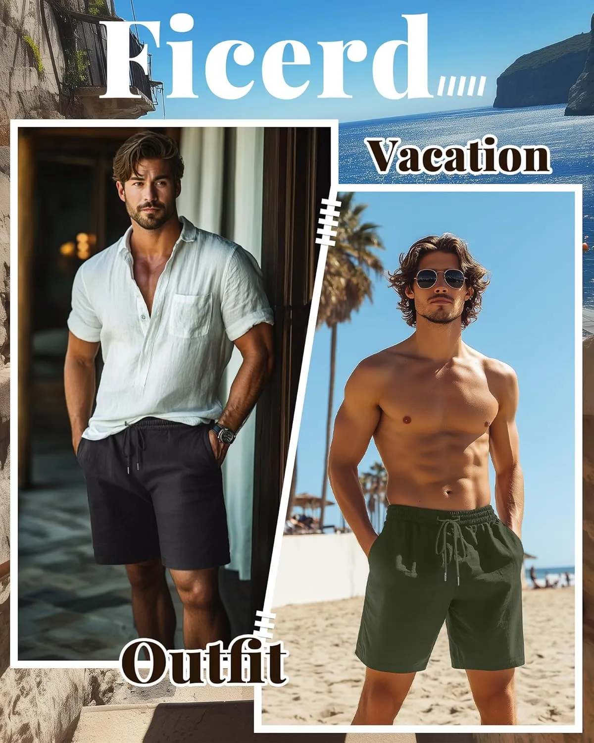Ficerd 2 Pack Men's Linen Shorts Casual Cotton 7 Inch Inseam Drawstring Elastic Waist Summer Beach Shorts with Pockets
