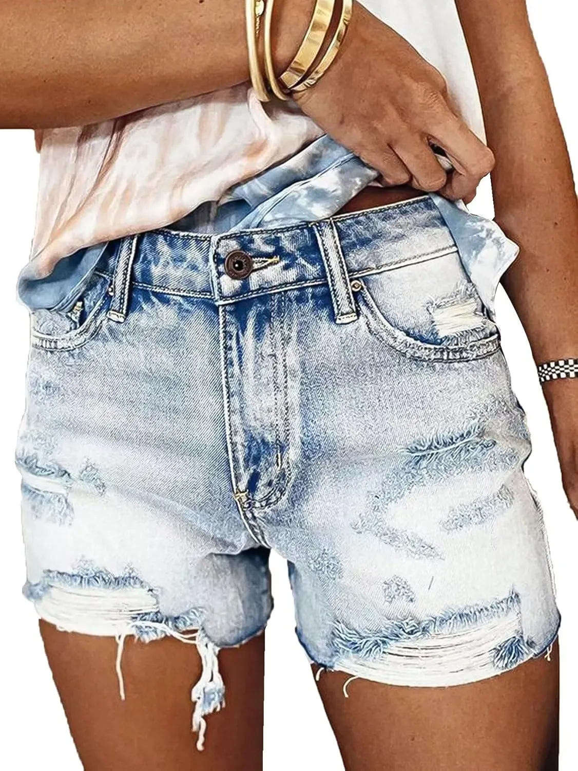 Flamingals Jean Shorts for Women Mid Waisted Stretchy Ripped Denim Shorts Raw Hem Curvy Summer Trendy Shorts