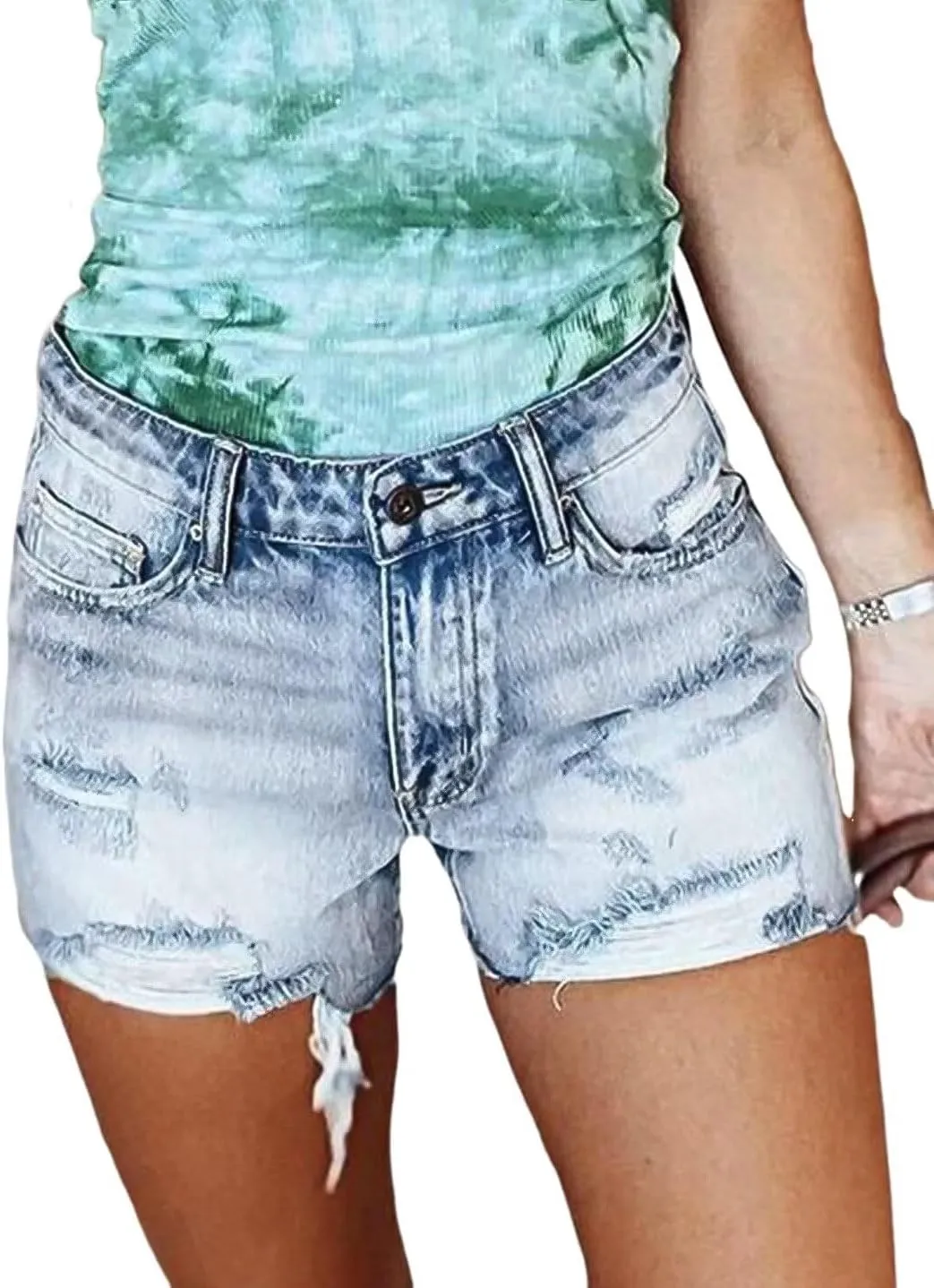 Flamingals Jean Shorts for Women Mid Waisted Stretchy Ripped Denim Shorts Raw Hem Curvy Summer Trendy Shorts