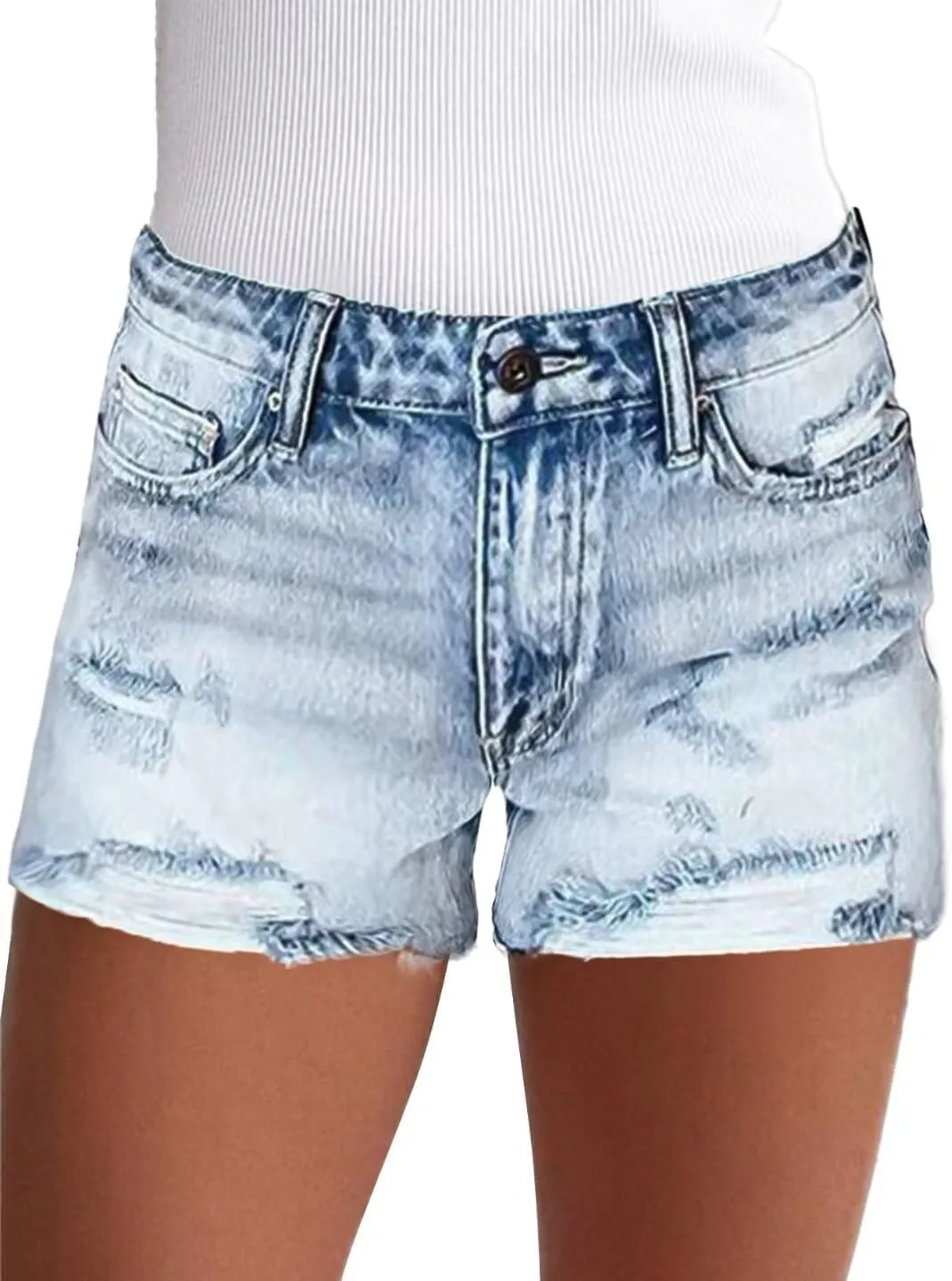 Flamingals Jean Shorts for Women Mid Waisted Stretchy Ripped Denim Shorts Raw Hem Curvy Summer Trendy Shorts
