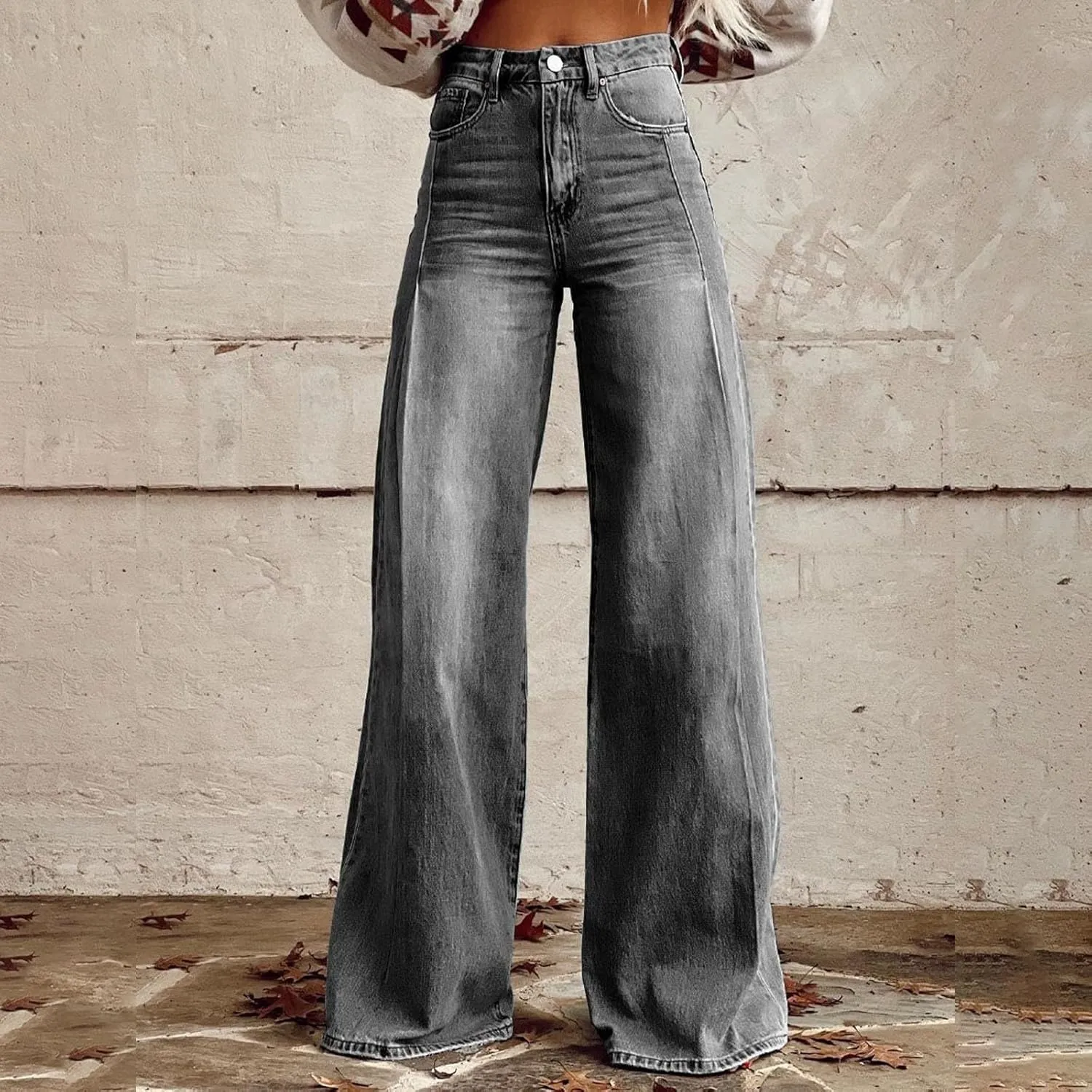 Flare Jeans for Women 2025 Fashion Wide Leg Vintage Floral Print High Waisted Straight Stretch Pants with Pockets
