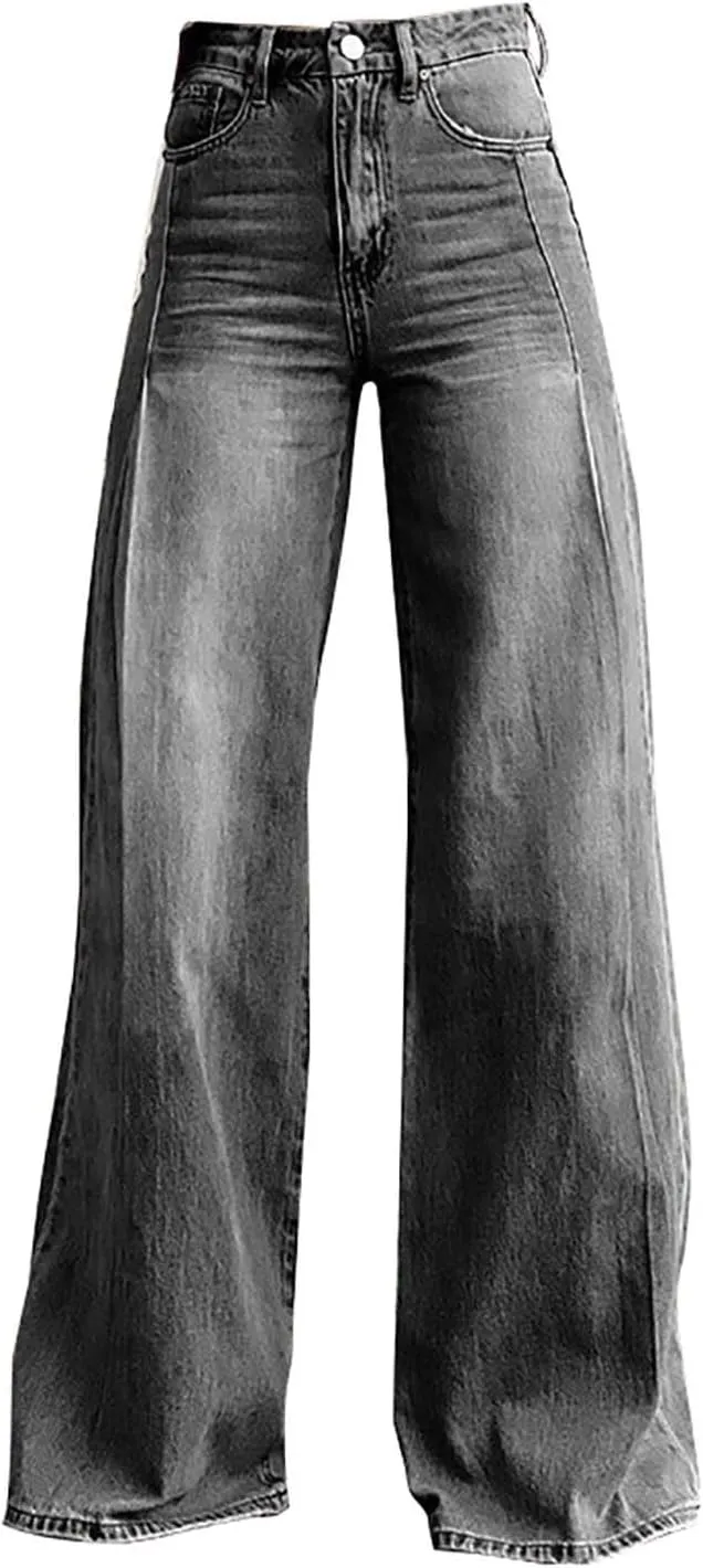Flare Jeans for Women 2025 Fashion Wide Leg Vintage Floral Print High Waisted Straight Stretch Pants with Pockets