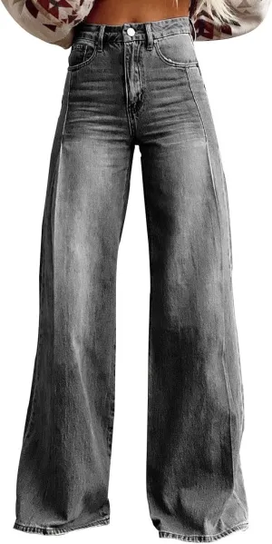 Flare Jeans for Women 2025 Fashion Wide Leg Vintage Floral Print High Waisted Straight Stretch Pants with Pockets