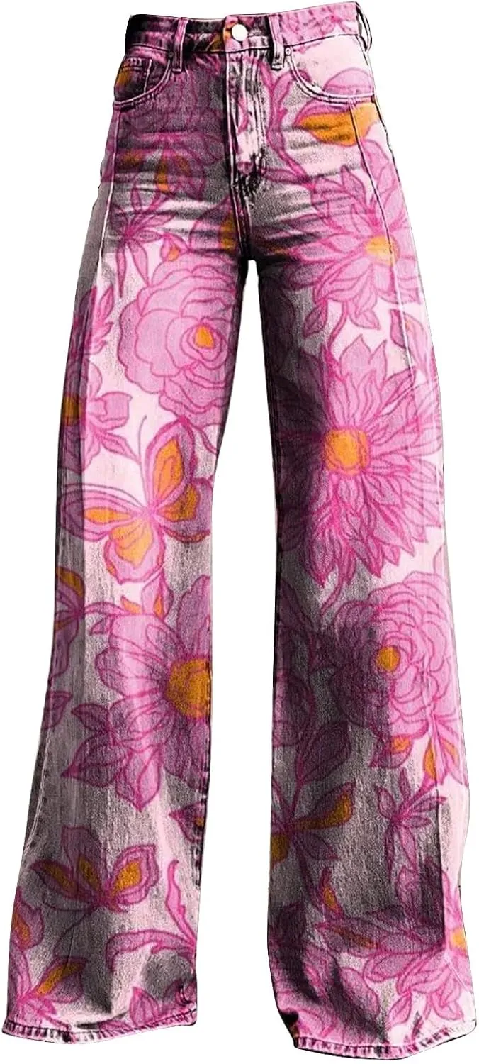 Flare Jeans for Women Wide Leg Denim Pants Vintage Floral Print High Waisted Straight Stretchy Pant Baggy Trousers