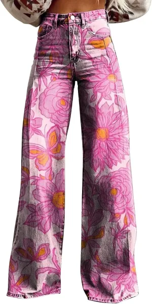 Flare Jeans for Women Wide Leg Denim Pants Vintage Floral Print High Waisted Straight Stretchy Pant Baggy Trousers