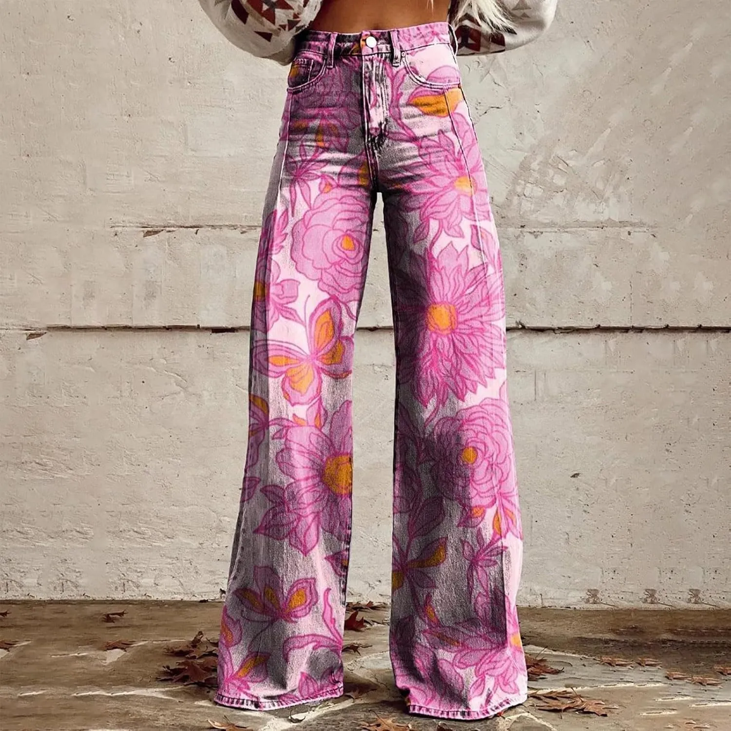 Flare Jeans for Women Wide Leg Denim Pants Vintage Floral Print High Waisted Straight Stretchy Pant Baggy Trousers