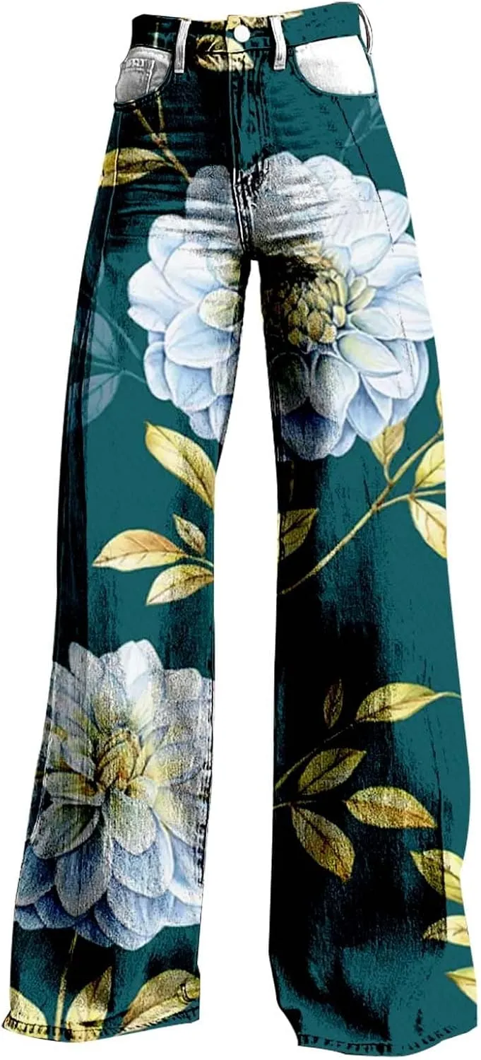 Flare Wide Leg Jeans for Women 2025 Floral Print Baggy Pant Vintage High Waisted Straight Stretch Pants with Pockets