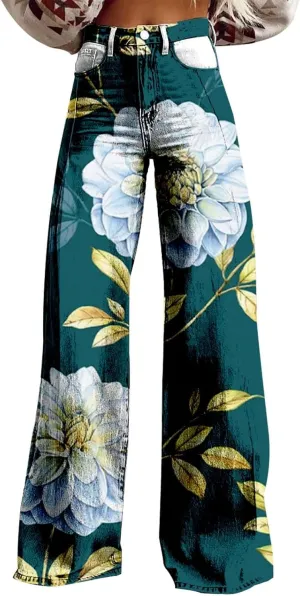 Flare Wide Leg Jeans for Women 2025 Floral Print Baggy Pant Vintage High Waisted Straight Stretch Pants with Pockets