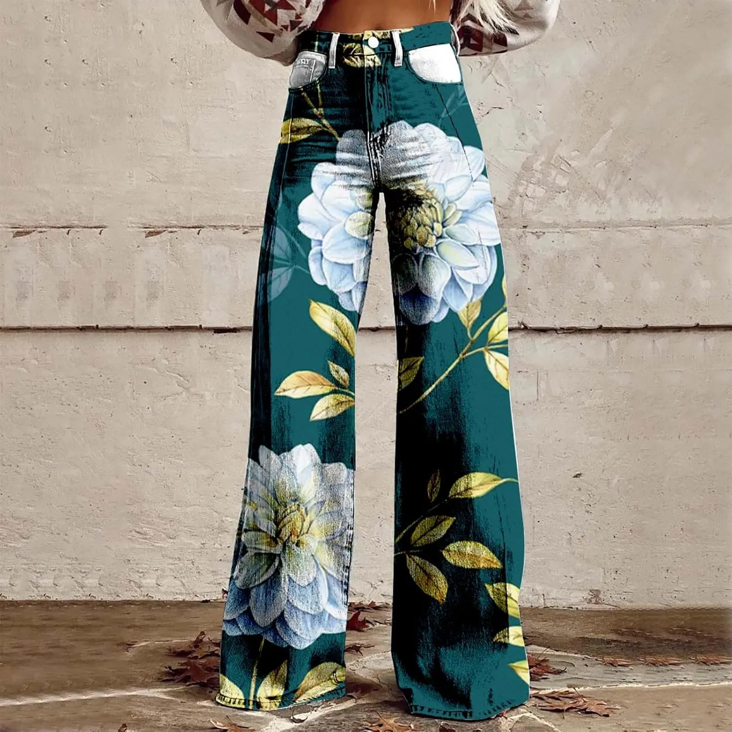 Flare Wide Leg Jeans for Women 2025 Floral Print Baggy Pant Vintage High Waisted Straight Stretch Pants with Pockets