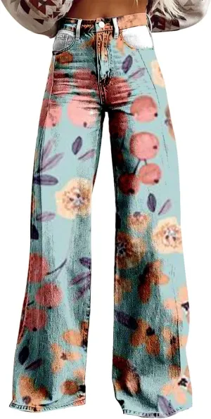 Flare Wide Leg Jeans for Women 2025 Floral Print Baggy Pant Vintage High Waisted Straight Stretch Pants with Pockets