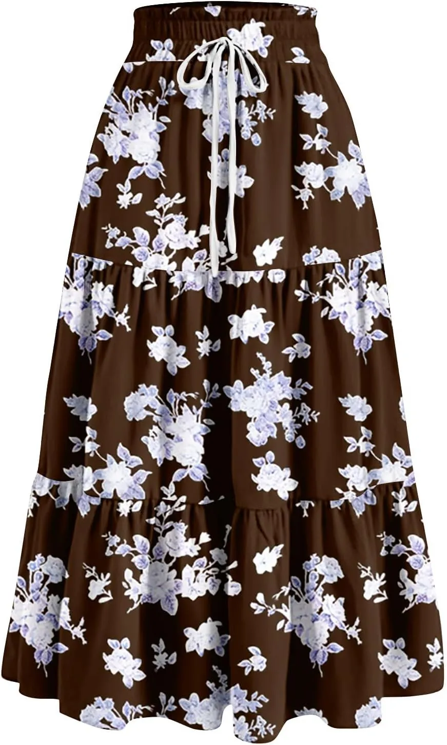 FlekmanArt Maxi Skirts for Women Trendy Summer A Line Long Skirt Drawstring High Waisted Tiered Flowy Pleated Skirt