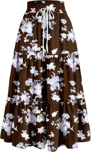 FlekmanArt Maxi Skirts for Women Trendy Summer A Line Long Skirt Drawstring High Waisted Tiered Flowy Pleated Skirt
