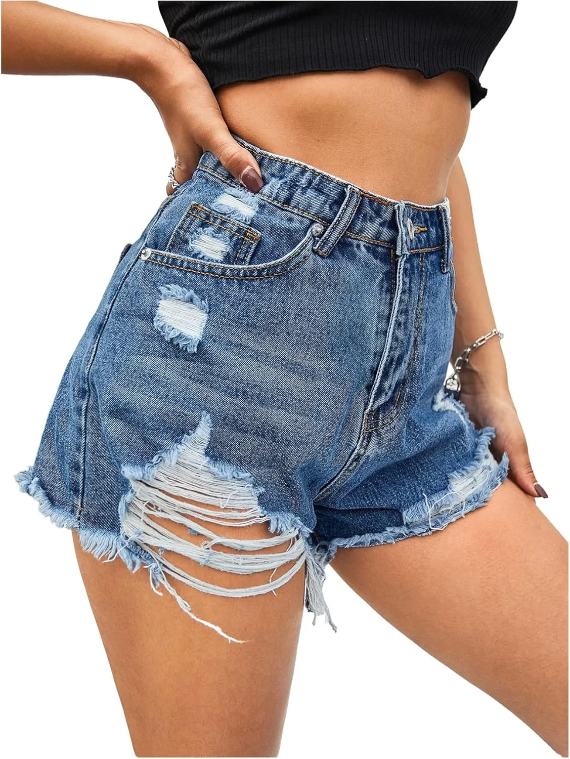 Floerns Women's High Waisted Distressed Jean Shorts Wide Leg Ripped Denim Shorts