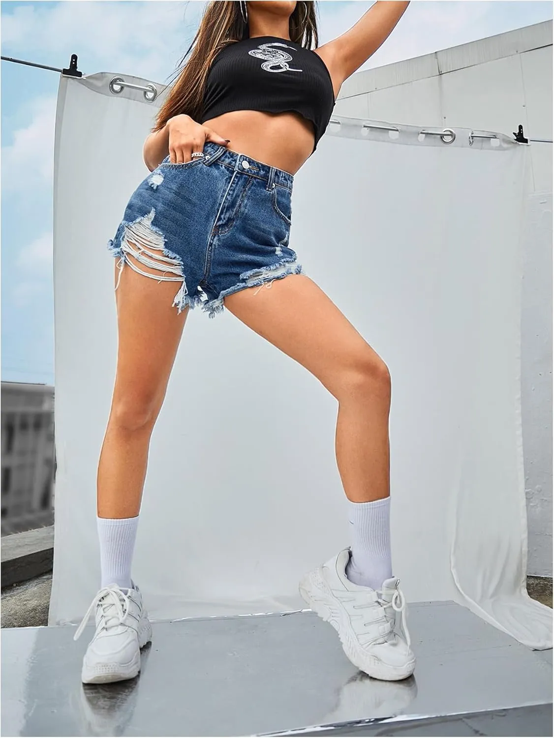 Floerns Women's High Waisted Distressed Jean Shorts Wide Leg Ripped Denim Shorts