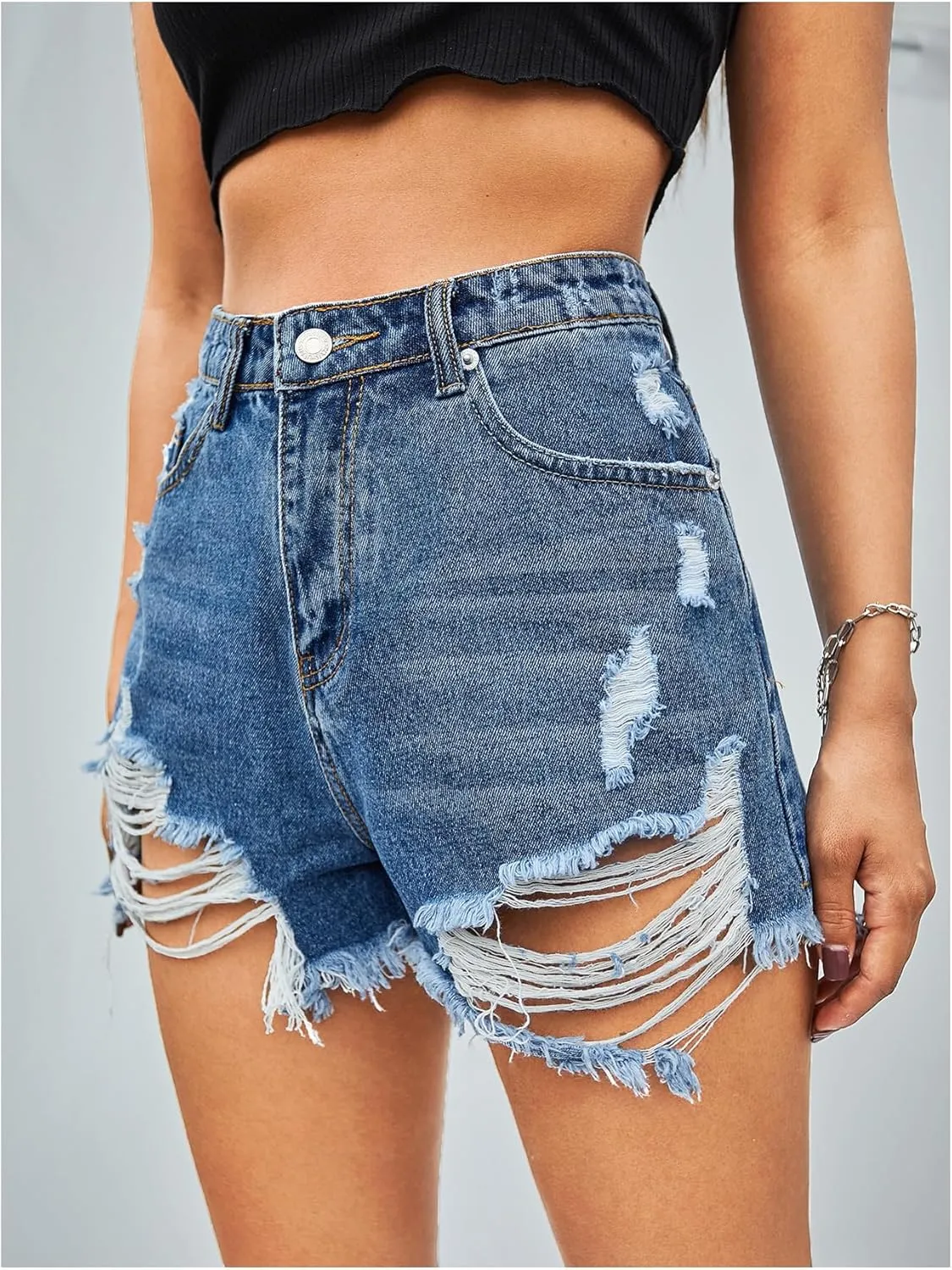 Floerns Women's High Waisted Distressed Jean Shorts Wide Leg Ripped Denim Shorts