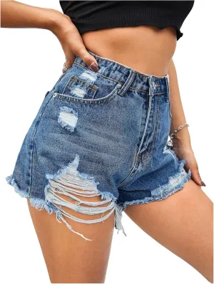 Floerns Women's High Waisted Distressed Jean Shorts Wide Leg Ripped Denim Shorts