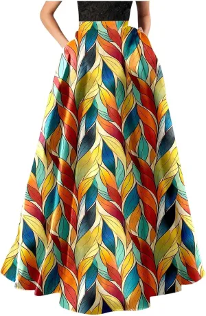 Floral Printed Maxi Skirts for Women High Waisted Long Skirts Boho Floor Length Flowy A Line Maxi Skirt with Pockets