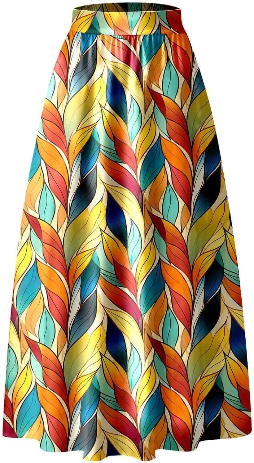 Floral Printed Maxi Skirts for Women High Waisted Long Skirts Boho Floor Length Flowy A Line Maxi Skirt with Pockets