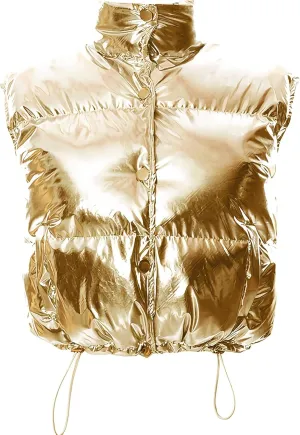 Flygo Women's Winter Crop Vest Metallic Quilted Down Vest Sleeveless Puffer Jacket