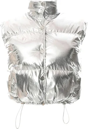Flygo Women's Winter Crop Vest Metallic Quilted Down Vest Sleeveless Puffer Jacket