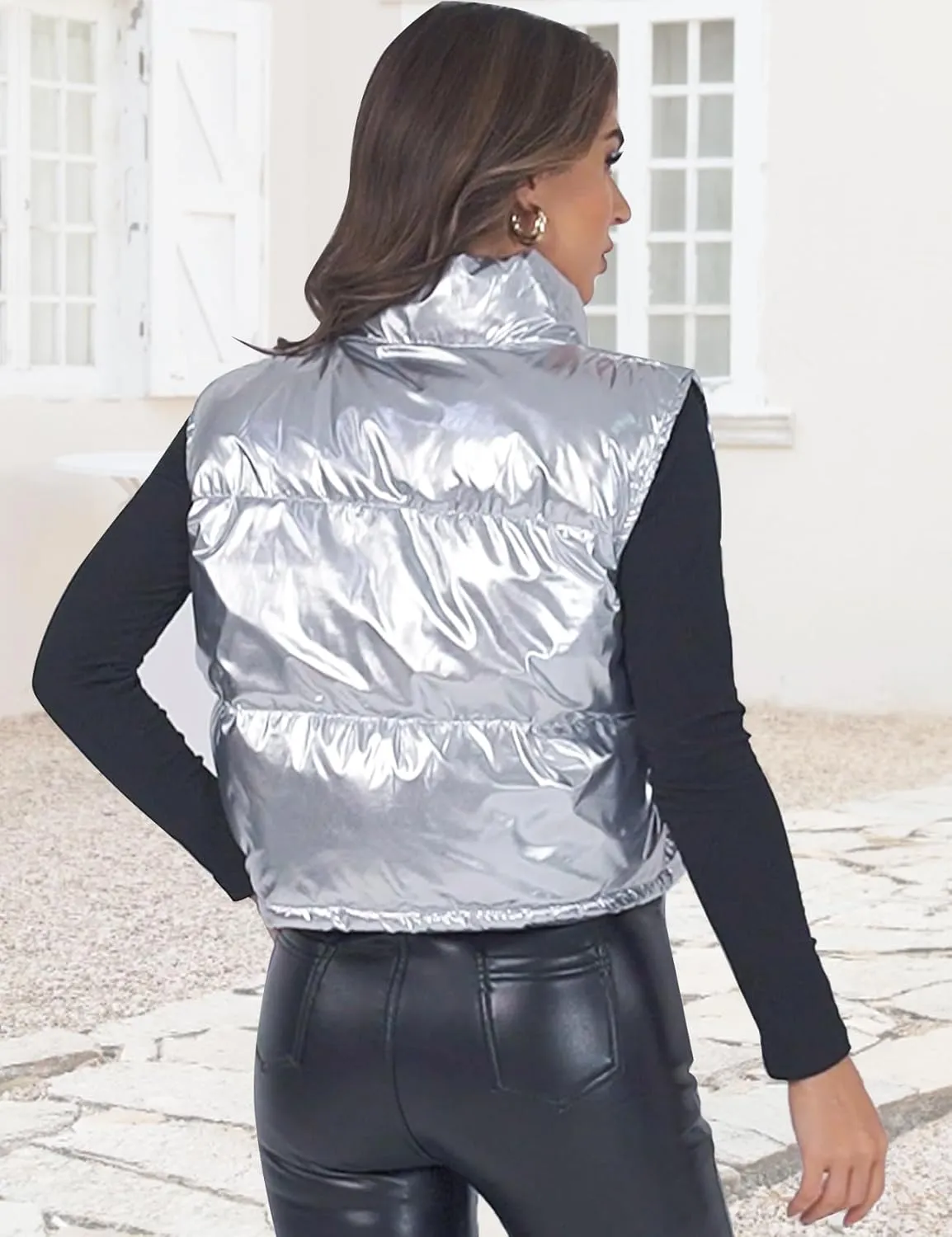 Flygo Women's Winter Crop Vest Metallic Quilted Down Vest Sleeveless Puffer Jacket