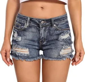 Foucome Women's Denim Shorts Summer Casual Low Waisted Frayed Raw Hem Ripped Denim Jean Shorts