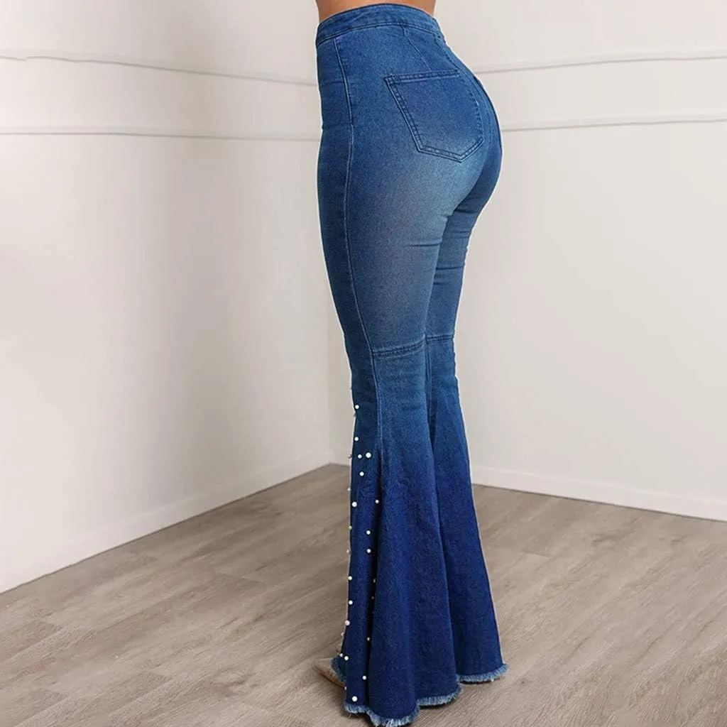 FRMUIC Womens High Waisted Bell Bottom Jeans Denim High Rise Flare Jean Pants Bootcut Jeans with Wide Leg and Pearl