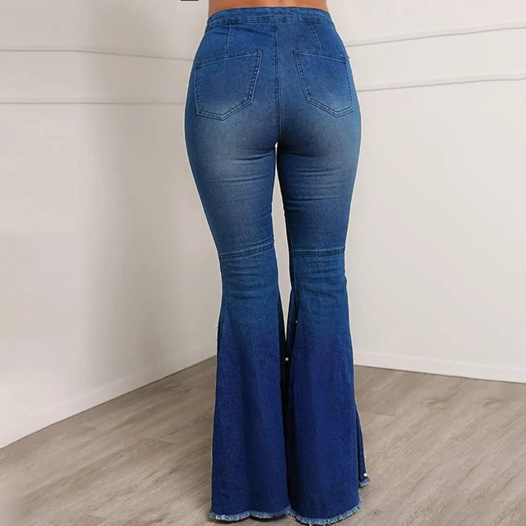 FRMUIC Womens High Waisted Bell Bottom Jeans Denim High Rise Flare Jean Pants Bootcut Jeans with Wide Leg and Pearl