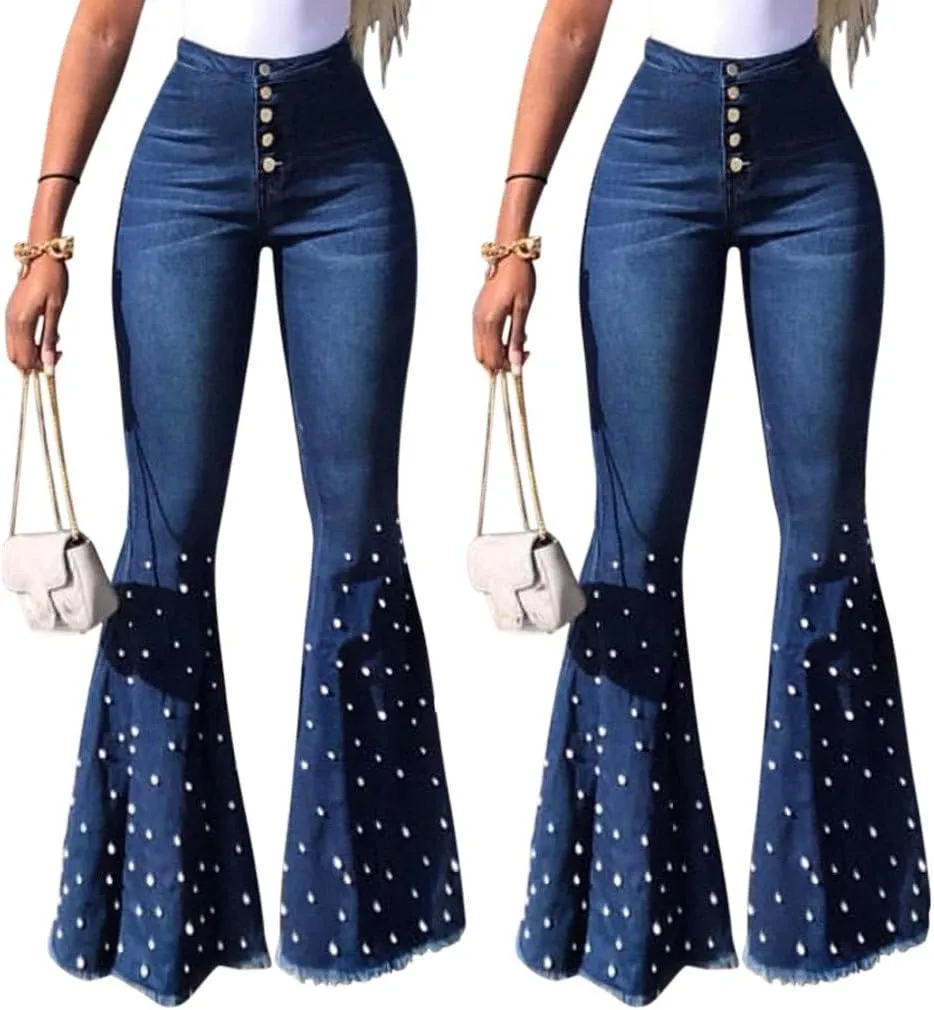 FRMUIC Womens High Waisted Bell Bottom Jeans Denim High Rise Flare Jean Pants Bootcut Jeans with Wide Leg and Pearl
