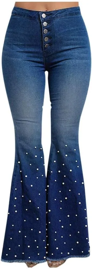 FRMUIC Womens High Waisted Bell Bottom Jeans Denim High Rise Flare Jean Pants Bootcut Jeans with Wide Leg and Pearl
