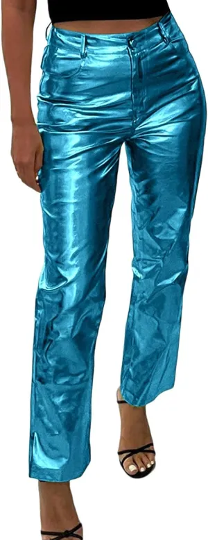 FZVYD Women's Shiny Metallic Straight Leg Faux Leather Pants High Waist Satin Cargo Pants 2024 Y2K Punk Trousers with Pockets
