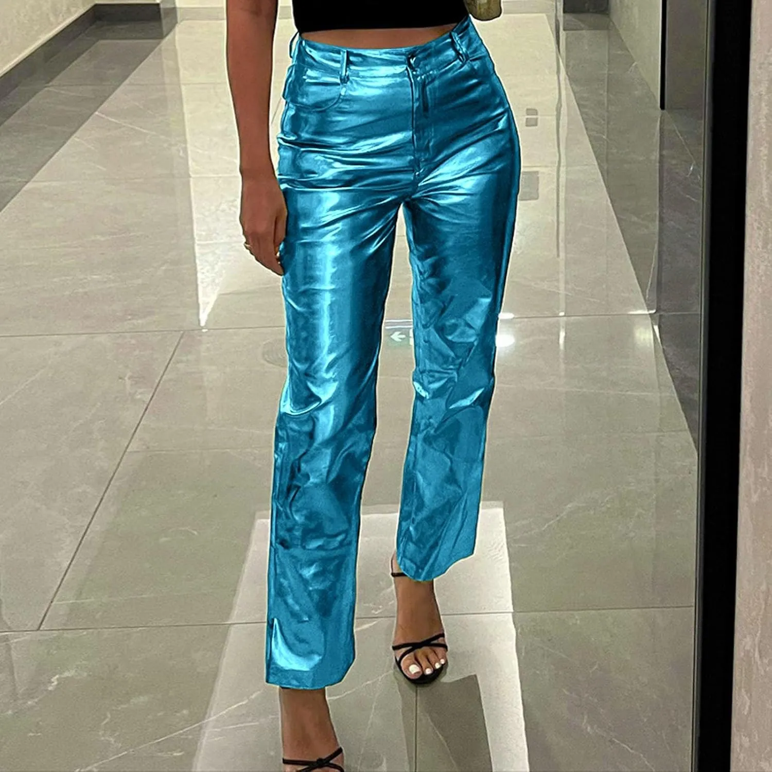 FZVYD Women's Shiny Metallic Straight Leg Faux Leather Pants High Waist Satin Cargo Pants 2024 Y2K Punk Trousers with Pockets