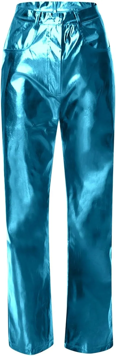 FZVYD Women's Shiny Metallic Straight Leg Faux Leather Pants High Waist Satin Cargo Pants 2024 Y2K Punk Trousers with Pockets