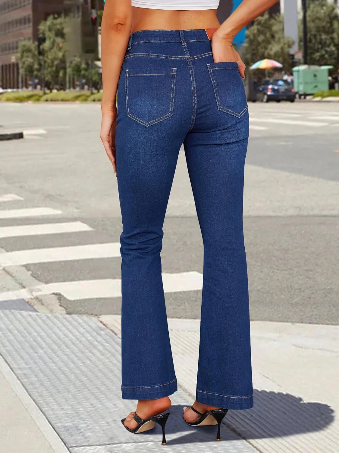 Genleck High Waisted Flare Jeans - Strech Front Patch Pockets Bell Bottom Jeans for Women Trendy Bootcut Denim Pants 2024
