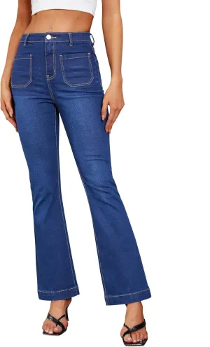 Genleck High Waisted Flare Jeans - Strech Front Patch Pockets Bell Bottom Jeans for Women Trendy Bootcut Denim Pants 2024